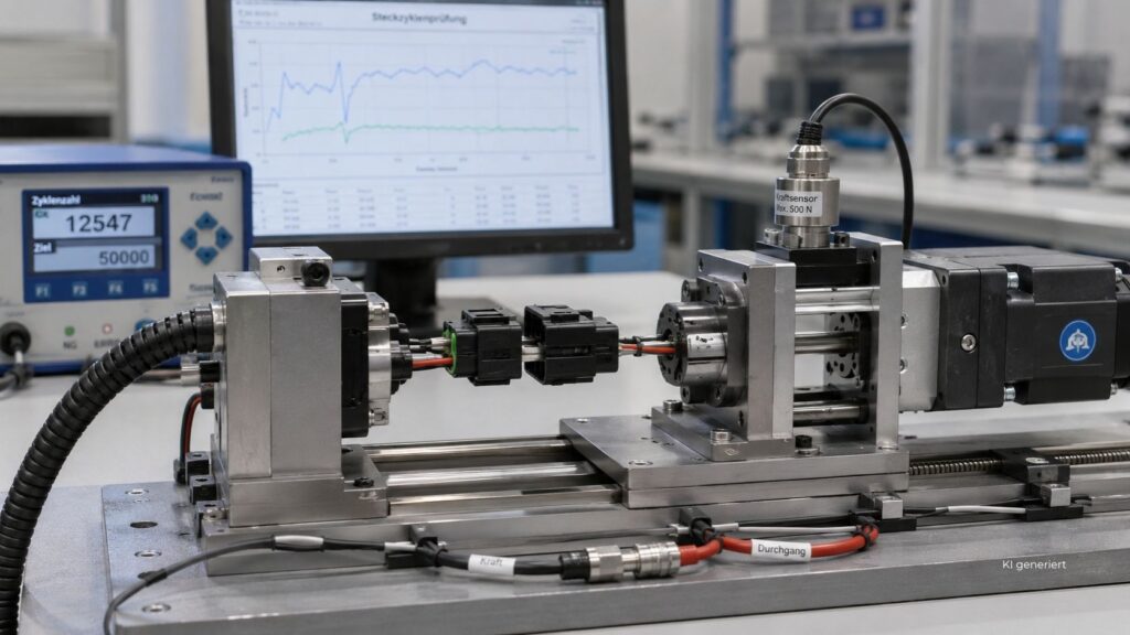 Steckverbinder in einer automatisierten Prüfvorrichtung zur Durchführung definierter Steckzyklen