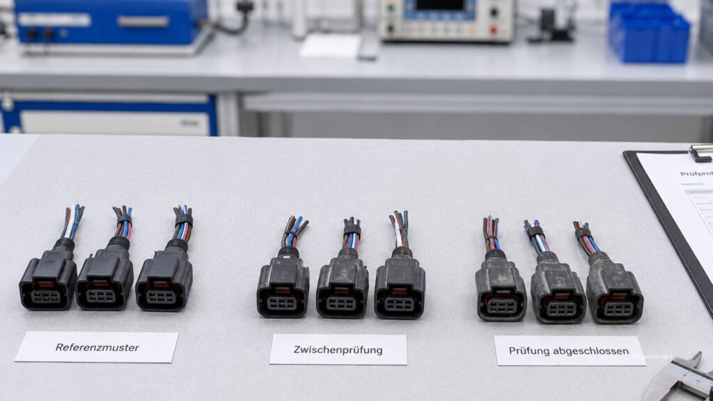 Mehrere Steckverbinder auf einem Labortisch, gruppiert als Referenzmuster, Zwischenprüfung und abgeschlossene Prüfung