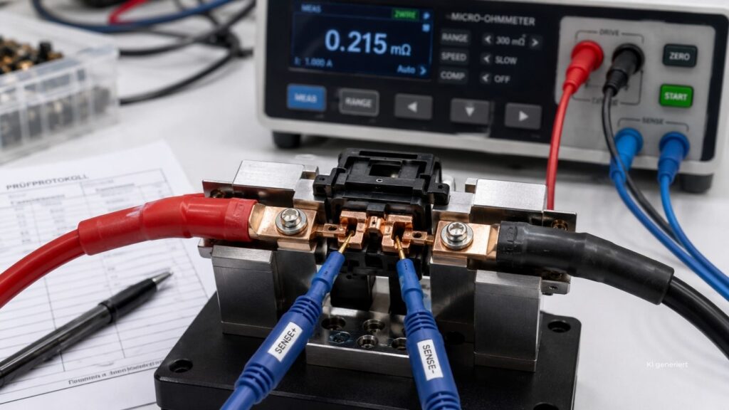Steckverbinder in einer Laborvorrichtung mit vier getrennten Messleitungen für Strom- und Spannungsmessung